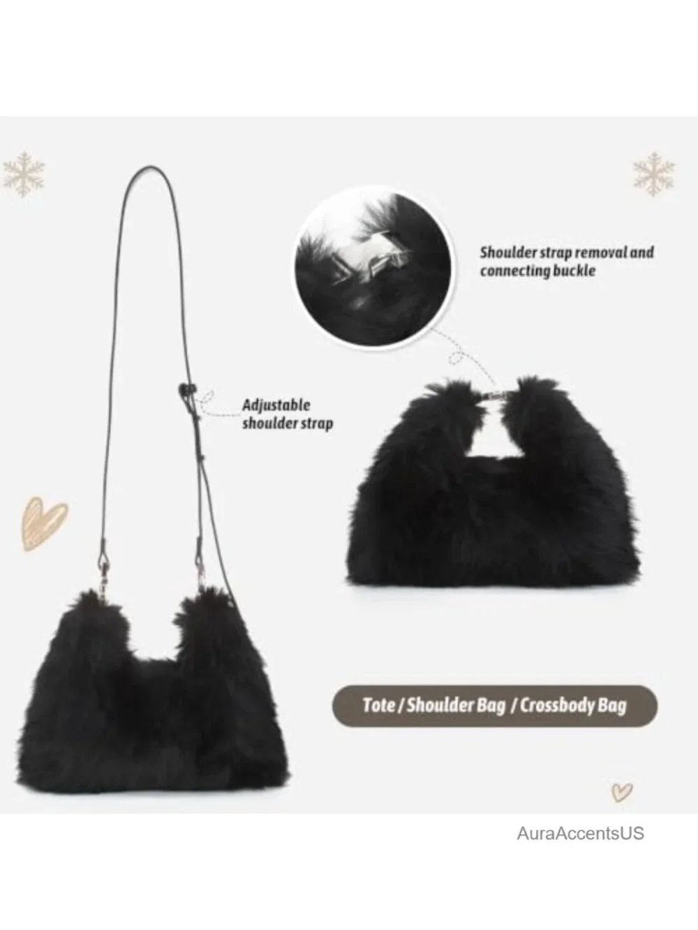 Faux Fur Hobo Bag Women Soft Plush Fuzzy Shoulder Crossbody Purse Winter